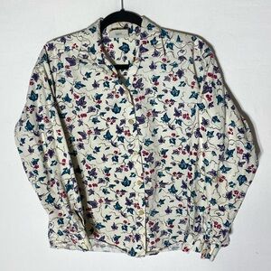 Vintage Northern Reflections Cream Blue Purple Pink Leaf Print Cotton Shirt S
